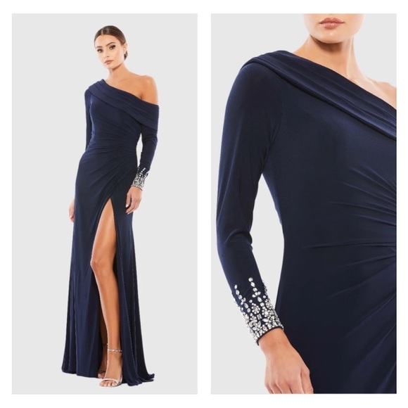 Mac Duggal 12231 / 12527 NWT BEADED CUFF DROP SHOULDER FAUX WRAP GOWN - Picture 1 of 16